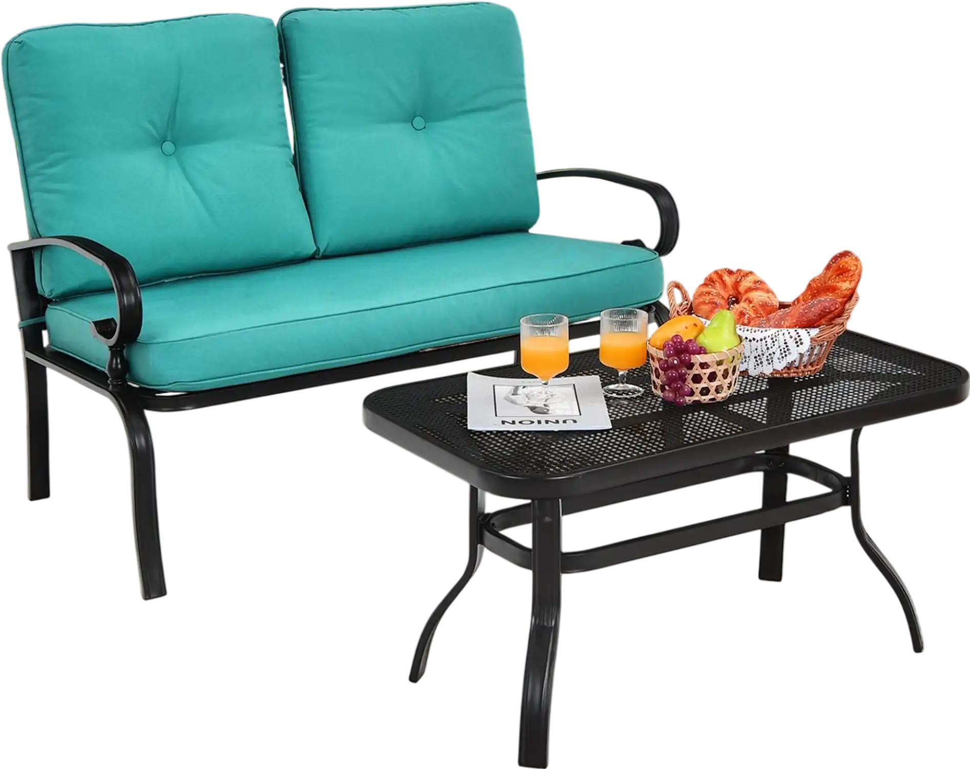 Costway 2PCS Patio Loveseat Bench Table Set Cushioned Chair Turquoise 46528701 New