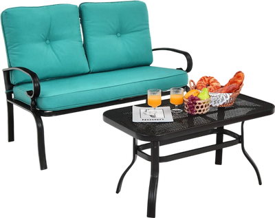 Costway 2PCS Patio Loveseat Bench Table Set Cushioned Chair Turquoise 46528701 New