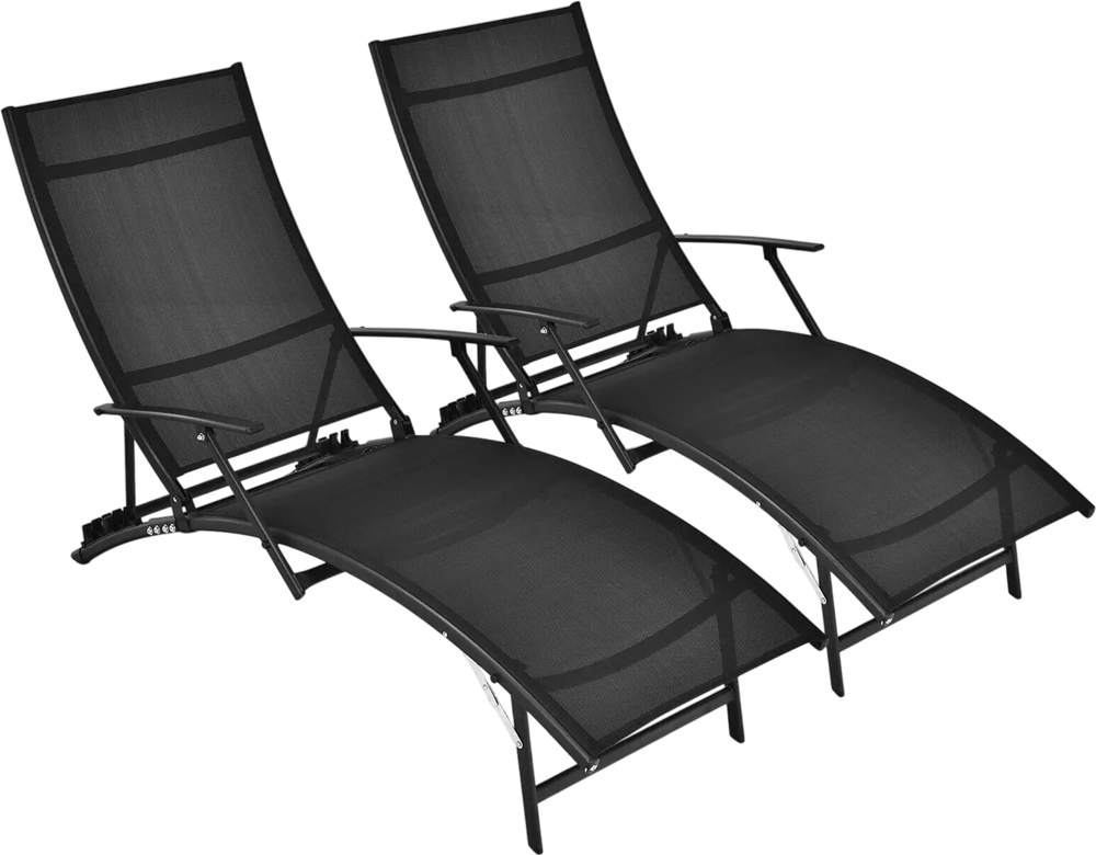 Two black folding stackable lounge chairs with armrests, featuring a 5-position adjustable backrest for outdoor.