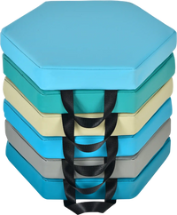 Stack of six hexagon floor cushions in blue and neutral colors, made of waterproof PU, ideal for toddler seating.