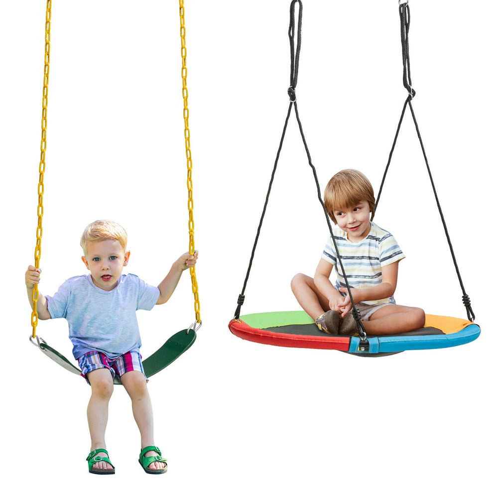 Two kids enjoying a swing set with a U-shaped seat and a colorful saucer swing, perfect for outdoor fun.