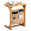 Bamboo side table with storage bag, L-shaped design, waterproof surface, ideal for bedside or sofa use.