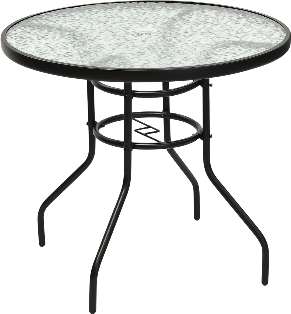 32 Inch Patio Tempered Glass Steel Frame Round Table with Convenient Umbrella Hole