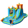 Inflatable water slide with bounce house, splash pool, and water cannons for kids' outdoor fun and playtime.
