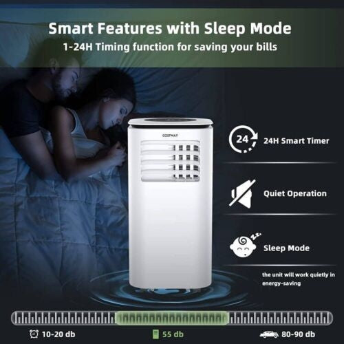 9000 BTU portable air conditioner in white with sleep mode, 24-hour timer, and remote control for efficient cooling.