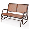 Swing glider chair in brown with curved backrest and armrests, perfect for outdoor patios and backyards.