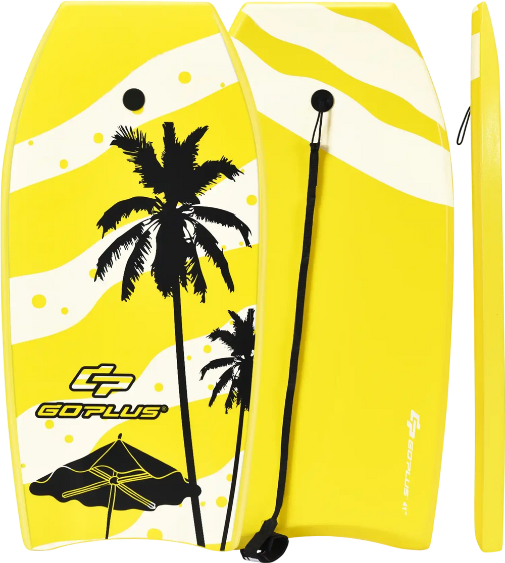 Lightweight yellow bodyboard with EPS core, XPE deck, and crescent tail, perfect for summer surfing fun.