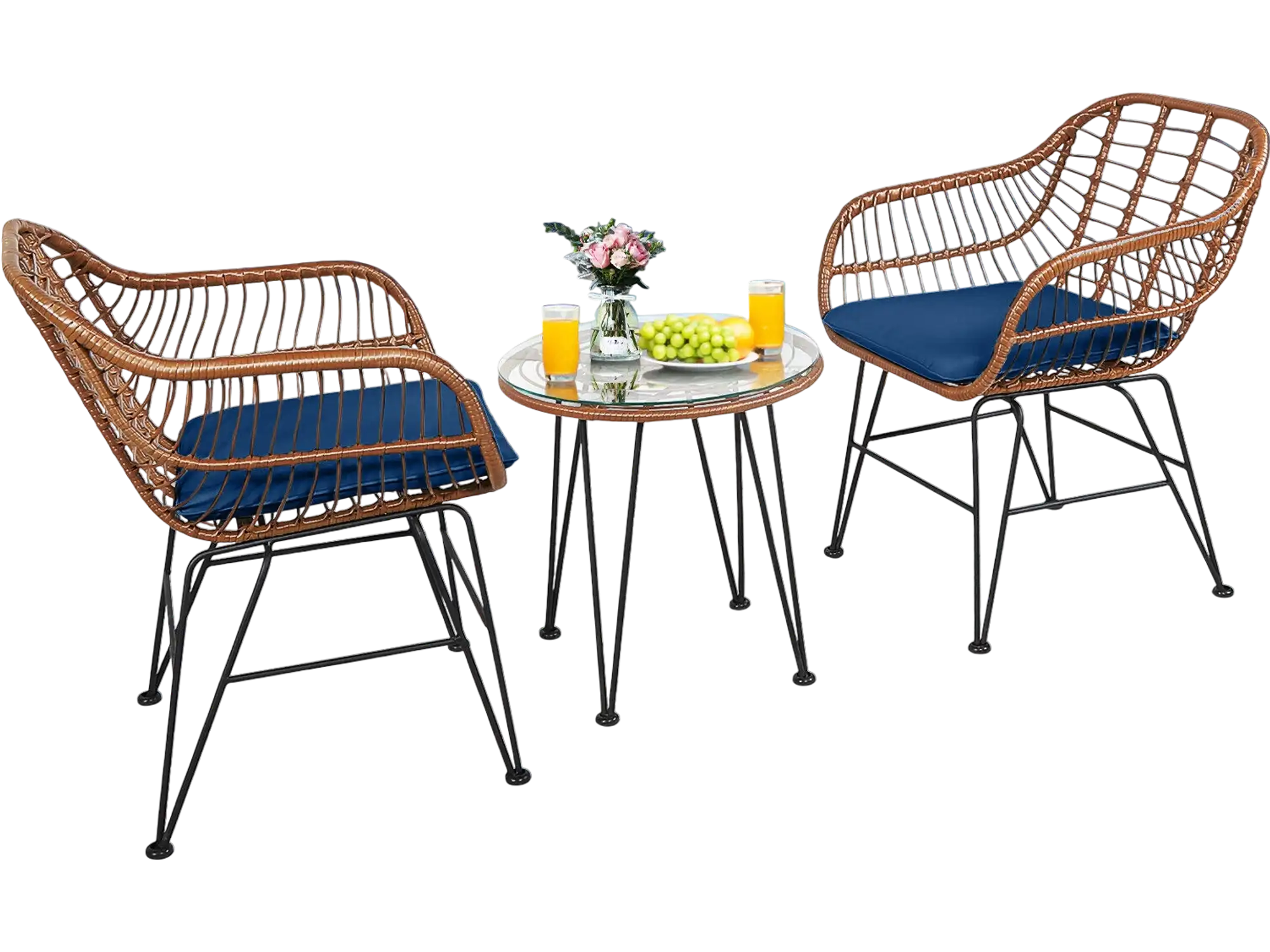 Costway 3-Pc Patio Rattan Bistro Set w/ Cushion Navy 80245196 New