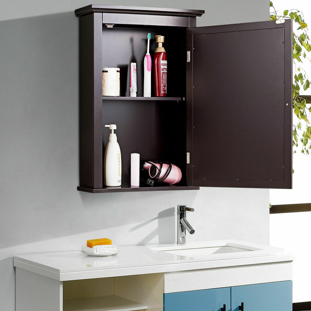 Wall-mounted bathroom medicine cabinet with two shelves, featuring a magnetic lock for secure storage and easy access.