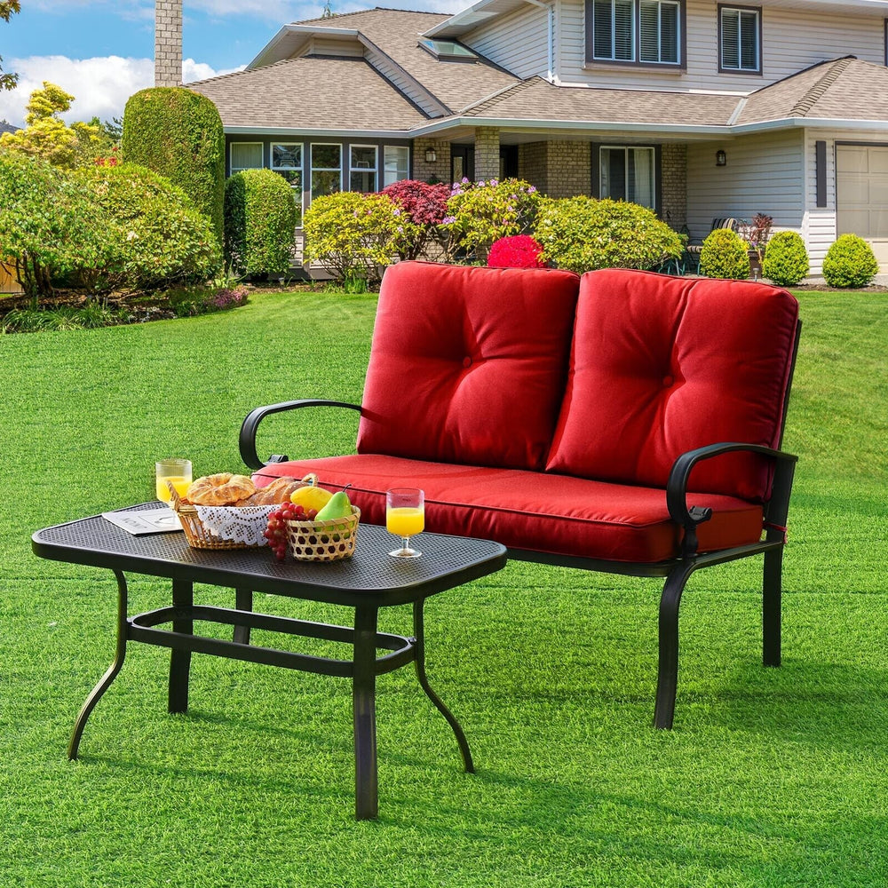 2 Pieces Patio Loveseat Bench Table Furniture Set with Cushioned Chair-Red - Gallery View 1 of 9