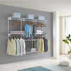 Adjustable wall-mounted closet rack system in white, featuring shelves and hanging rods for organized storage in any.