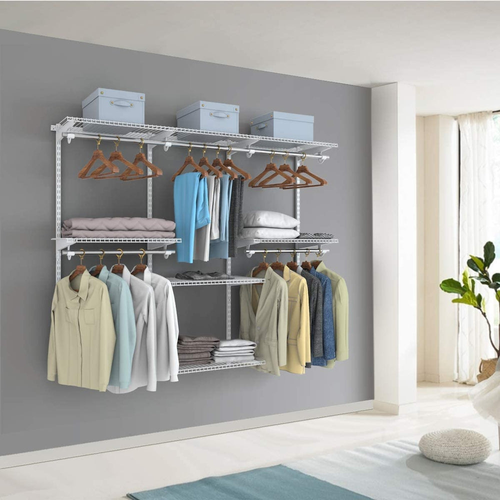 Adjustable wall-mounted closet rack system in white, featuring shelves and hanging rods for organized storage in any.