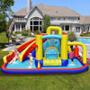 Colorful 7-in-1 inflatable water slide with splash pool, climbing wall, and games for outdoor fun with four kids.