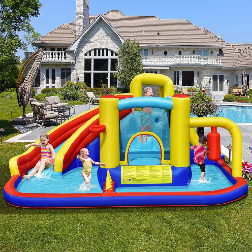 Colorful 7-in-1 inflatable water slide with splash pool, climbing wall, and games for outdoor fun with four kids.