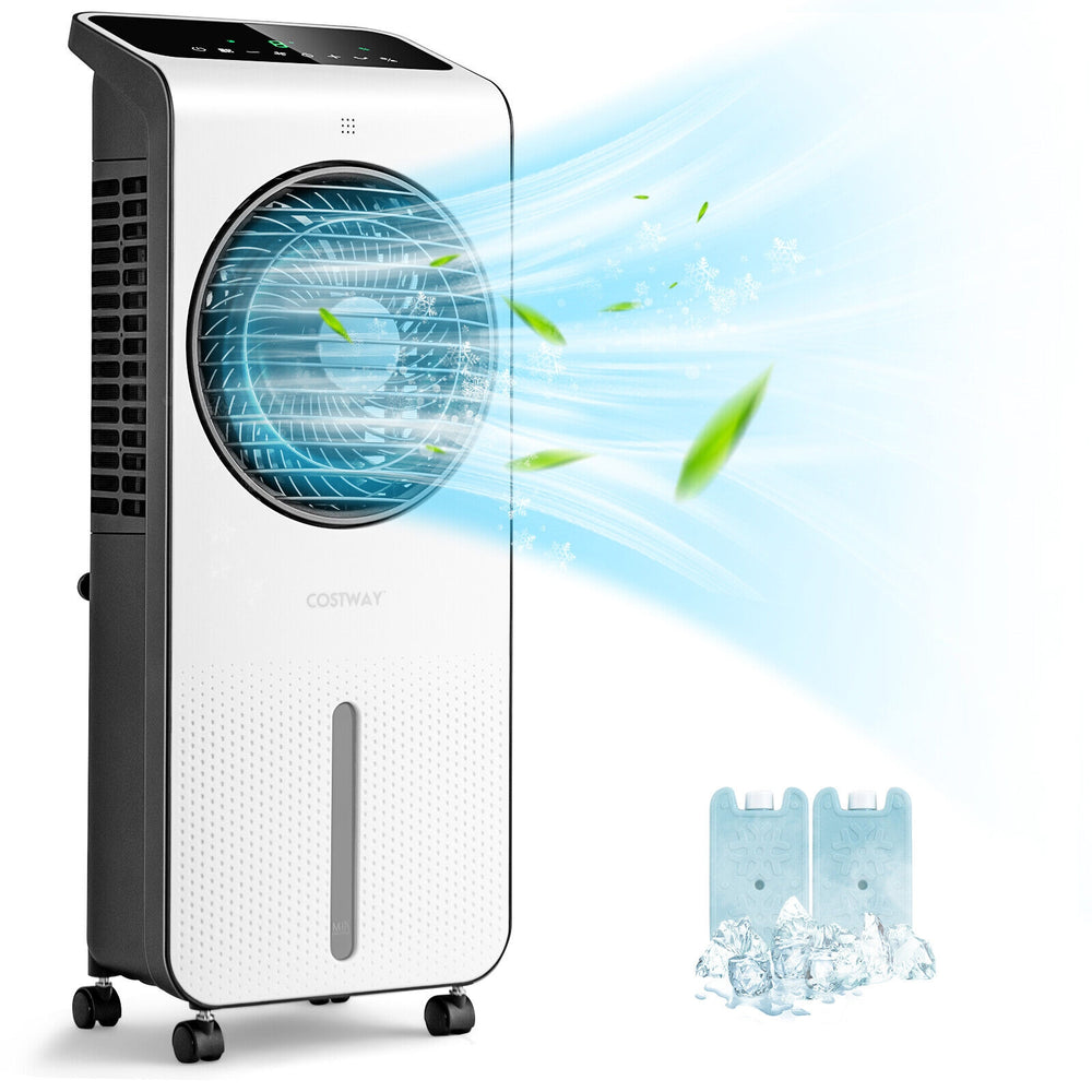 3-in-1 evaporative air cooler in white with remote, 360° rotating fan blades, and 1.3-gallon water tank for efficient.