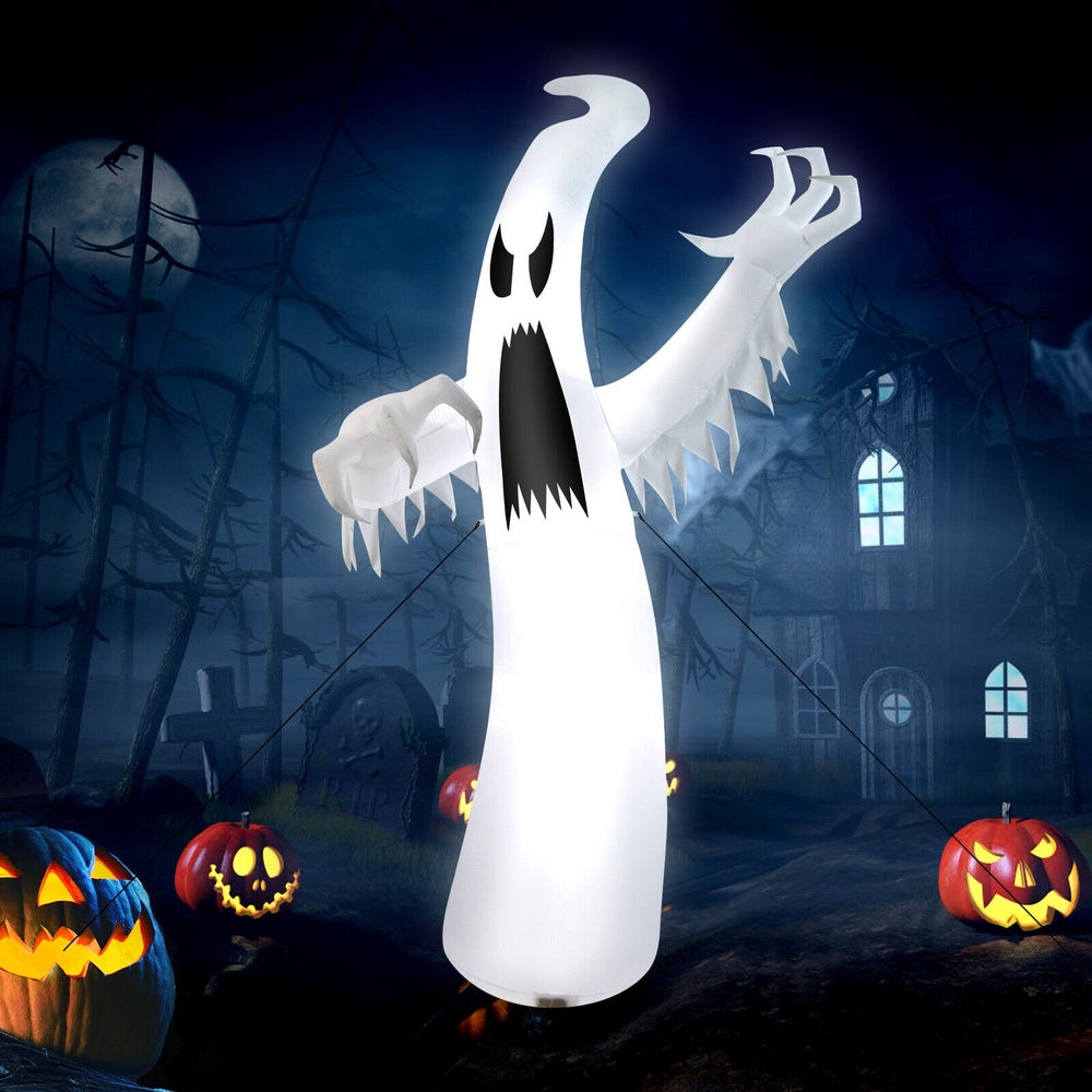 12-foot inflatable ghost with LED lights, made of durable polyester, perfect for Halloween yard decoration.