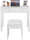 Vanity makeup dressing table set in white with flip-top mirror, cushioned stool, and two side drawers for storage.