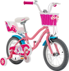 Kids' 14-inch pink bicycle with training wheels, doll seat, and basket, designed for ages 3-9 years for fun adventures.