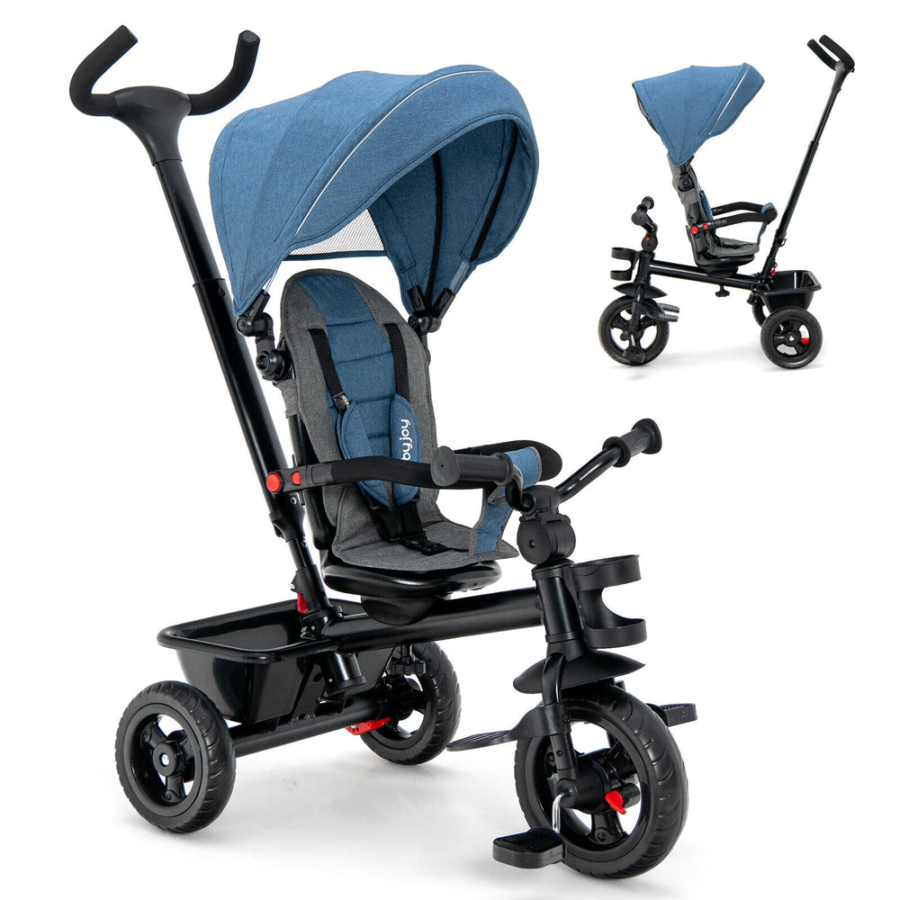 4-in-1 baby tricycle in blue with adjustable canopy, reversible seat, and safety features for versatile use.