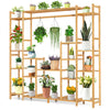9-tier bamboo plant stand featuring shelves and a hanging rack, ideal for displaying various potted plants indoors or.