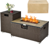 Brown 32 x 20 inch propane rattan fire pit table set with side table, 40000 BTU heat, and waterproof cover for outdoor.