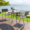 Round 32-inch patio table with tempered glass top and steel frame, featuring an umbrella hole, perfect for outdoor.