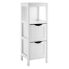 Freestanding white storage cabinet with 2 removable drawers and open shelf, perfect for bathroom organization.