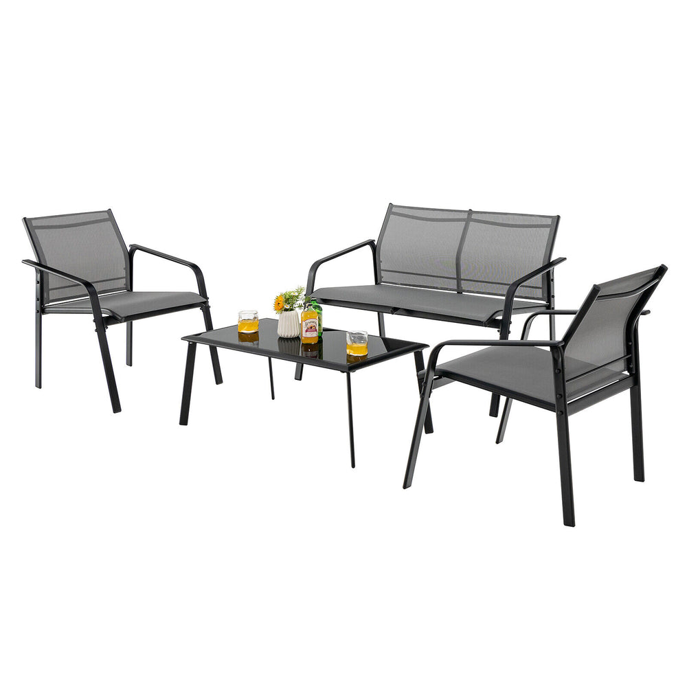 4-piece patio furniture set featuring a loveseat, two chairs, and a glass table in gray for outdoor relaxation.