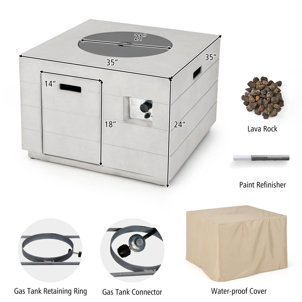 Square concrete propane fire pit table with lava rocks, 50,000 BTU, and waterproof cover for outdoor patio use.
