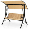 3-seat outdoor porch swing with adjustable beige canopy and padded cushions, perfect for backyard relaxation.