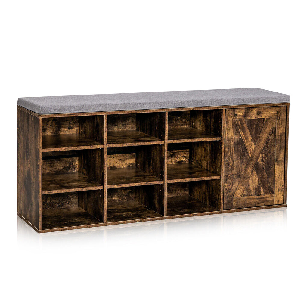 9-cube Adjustable Storage Shoe Bench with Padded Cushion-Rustic Brown - Gallery View 1 of 11