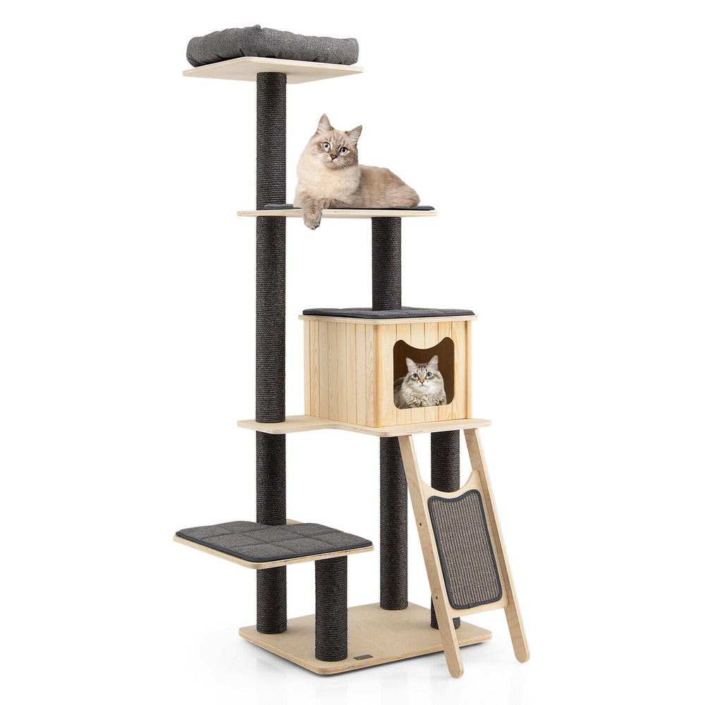 5-tier wooden cat tower with washable gray cushions, featuring a condo, platforms, and scratching posts for feline fun.
