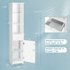 Side view of tall white freestanding storage cabinet displaying two adjustable shelves and a secure drawer for.