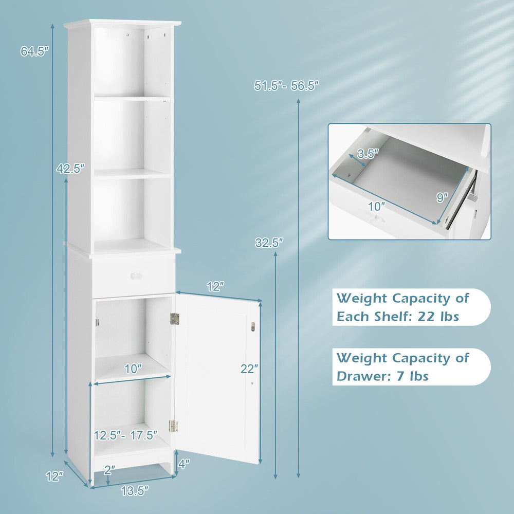 Side view of tall white freestanding storage cabinet displaying two adjustable shelves and a secure drawer for.