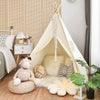 Foldable kids canvas teepee play tent with sturdy pine wood poles and soft cotton fabric, perfect for indoor play.