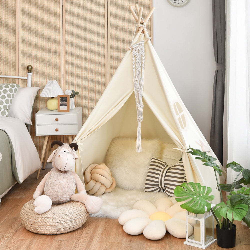 Foldable kids canvas teepee play tent with sturdy pine wood poles and soft cotton fabric, perfect for indoor play.