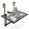 Railing folding table with adjustable heights, featuring a sturdy iron frame, ideal for outdoor use on balconies.