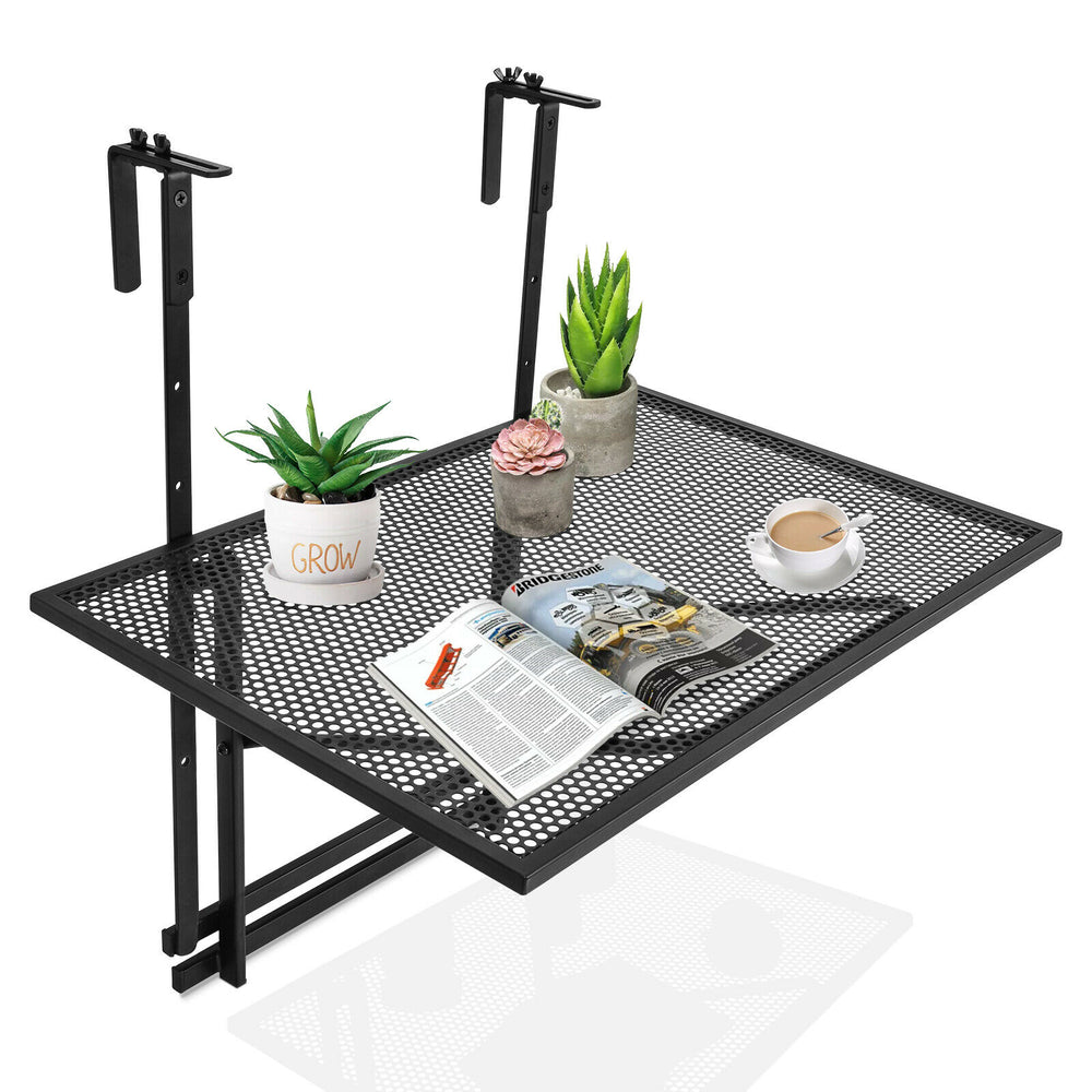 Railing folding table with adjustable heights, featuring a sturdy iron frame, ideal for outdoor use on balconies.