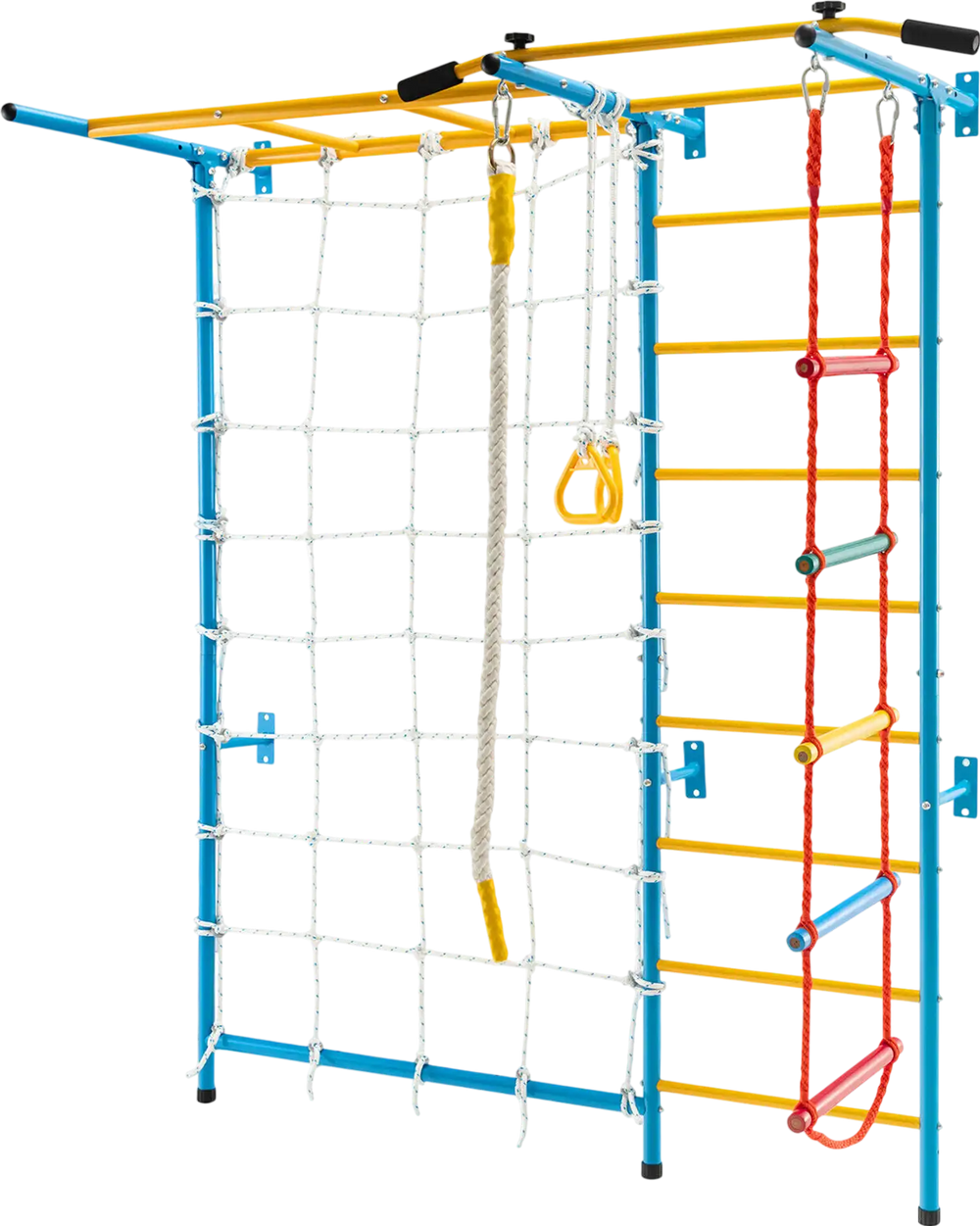 7-in-1 kids indoor gym playground featuring a rope wall, monkey bars, and pull-up bar for active play and fun.