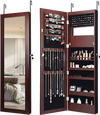 Lockable wall-mounted jewelry cabinet in brown with full-size mirror, LED lights, and organized storage for earrings.