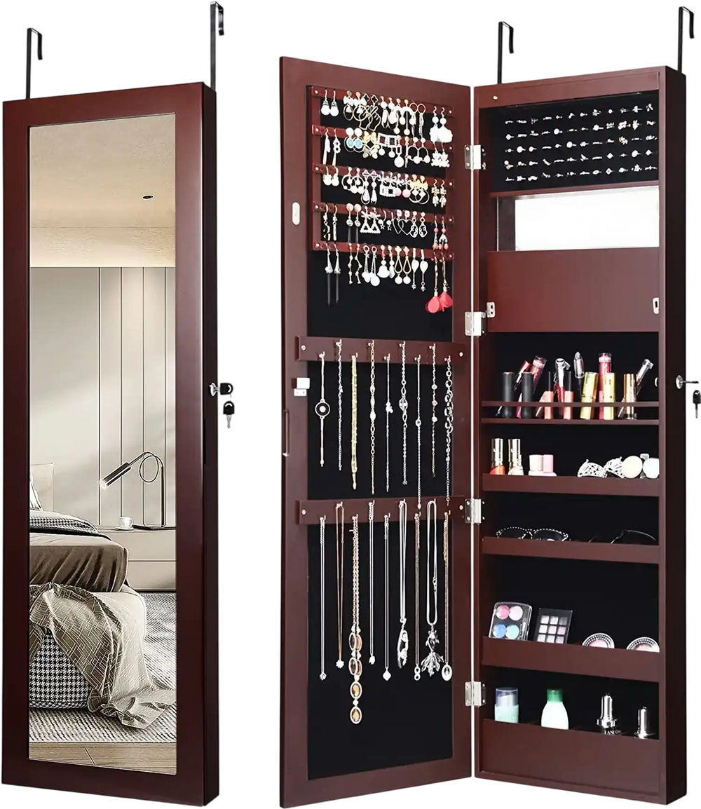 Lockable wall-mounted jewelry cabinet in brown with full-size mirror, LED lights, and organized storage for earrings.