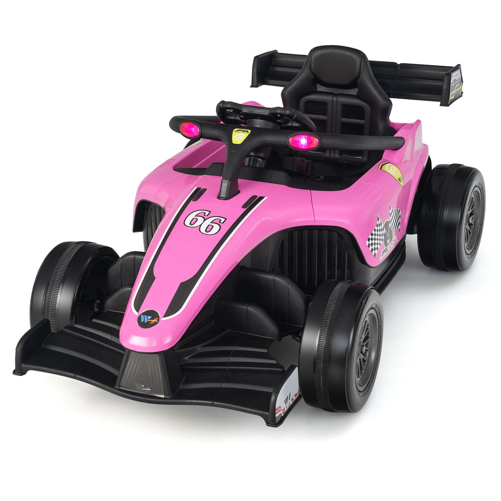 Pink 12V kids ride-on electric Formula racing car with remote control, showcasing a sporty design and comfortable.