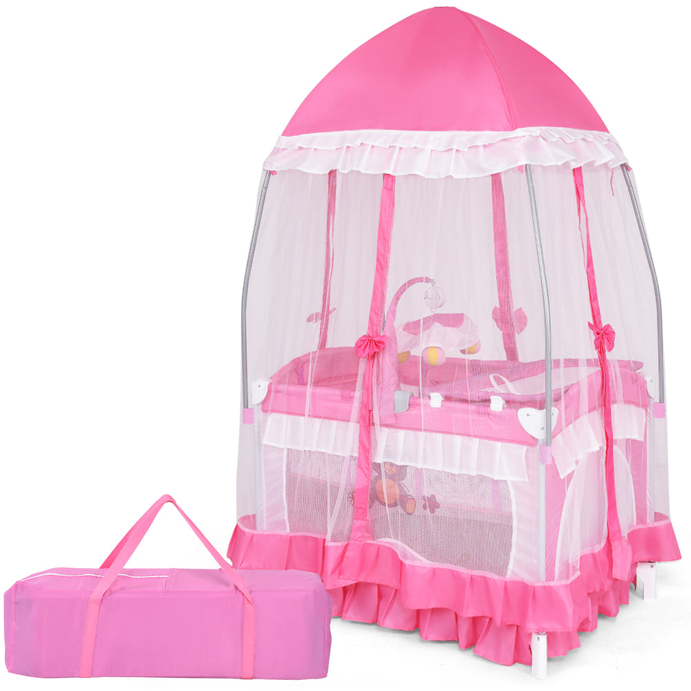 Portable pink baby playpen crib with mosquito net and carrying bag, ideal for safe naps and playtime.