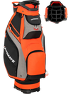 10.5-inch orange golf stand bag with 14-way dividers and 7 zippered pockets for organized storage and easy transport.