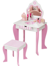 Toddler vanity set with detachable mirror, pink legs, and cute flower patterns, perfect for children's makeup and play.