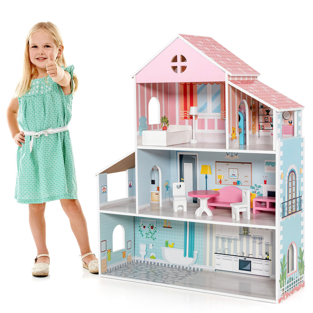 3-tier toddler dollhouse with colorful wallpaper and furniture, designed for imaginative play and safe for ages 3 and.