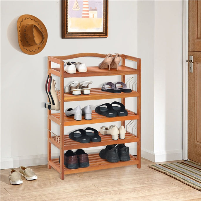 5-Tier Acacia Wood Shoe Rack with Side Metal Hooks - Gallery View 1 of 9