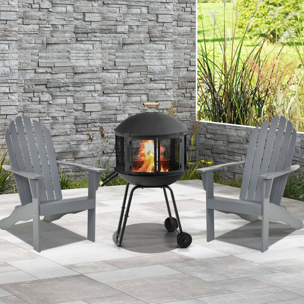28-inch portable black fire pit on wheels with log grate, ideal for heating and barbecue in outdoor settings.