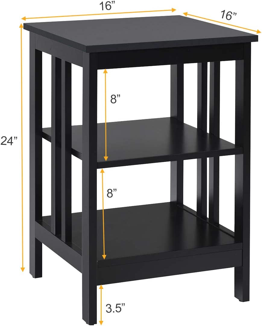 3-tier black nightstand with round corners and open compartments, ideal for living room or bedroom storage.