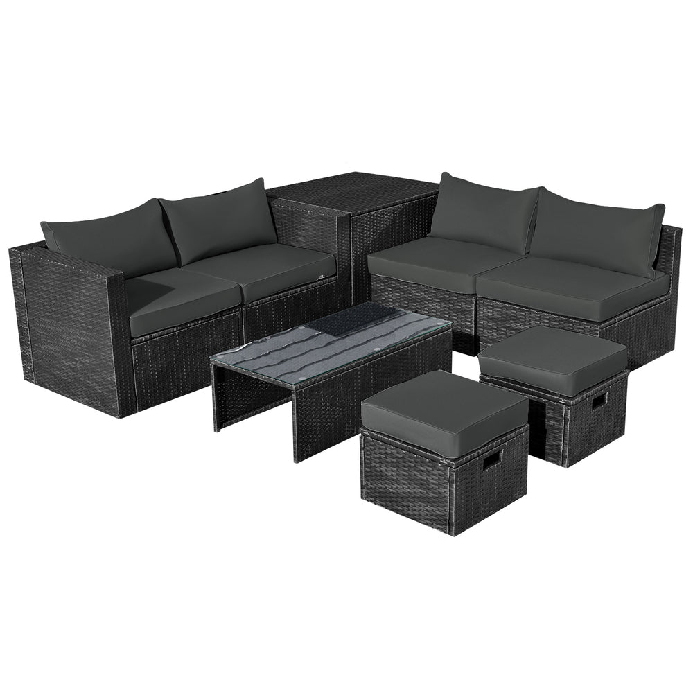 8-piece patio rattan furniture set in gray with soft cushions, including a coffee table, ottomans, and storage box.